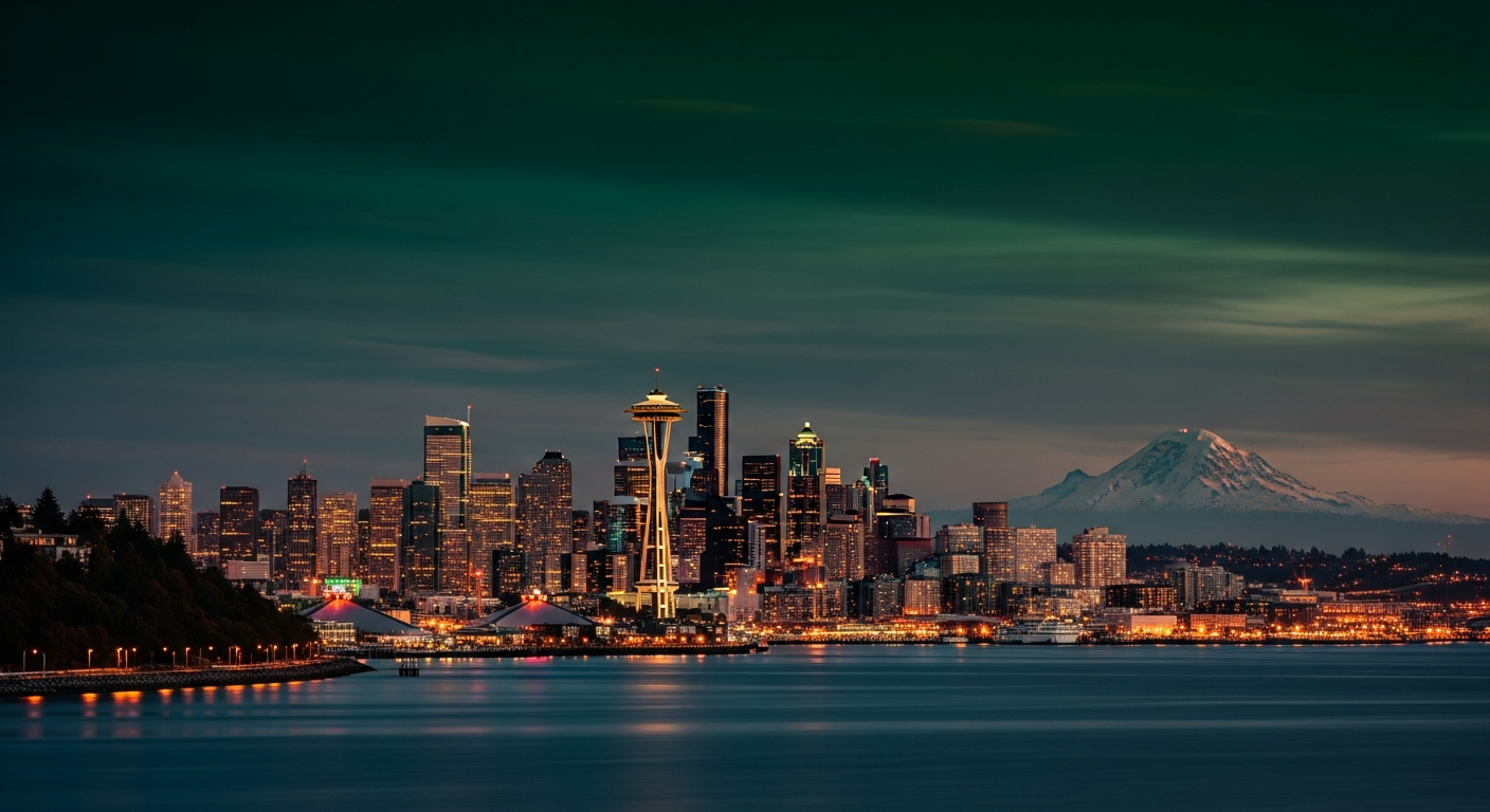Seattle skyline at dusk with Mt Rainier