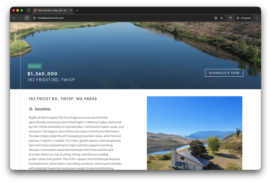 Screenshot of thebigbuckranch.com — private lake on Big Buck Ranch with river winding through high desert landscape, $1,360,000, 182 Frost Rd Twisp