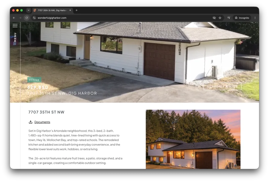Screenshot of wonderfulgigharbor.com — white split-level home with brown garage door, Active badge, $629,850, 7707 35th St NW Gig Harbor