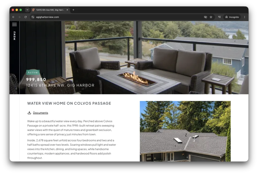 Screenshot of agigharborview.com — outdoor deck with fire table overlooking Colvos Passage, Active badge, $999,850, 12415 6th Ave NW Gig Harbor