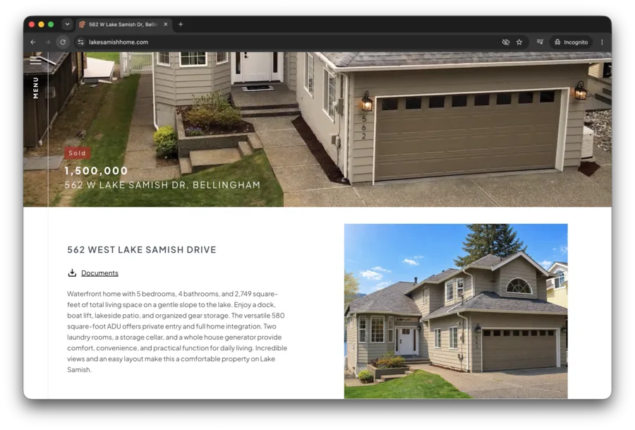 Screenshot of lakesamishhome.com — taupe two-story home with two-car garage, Sold badge, $1,500,000, 562 W Lake Samish Dr Bellingham